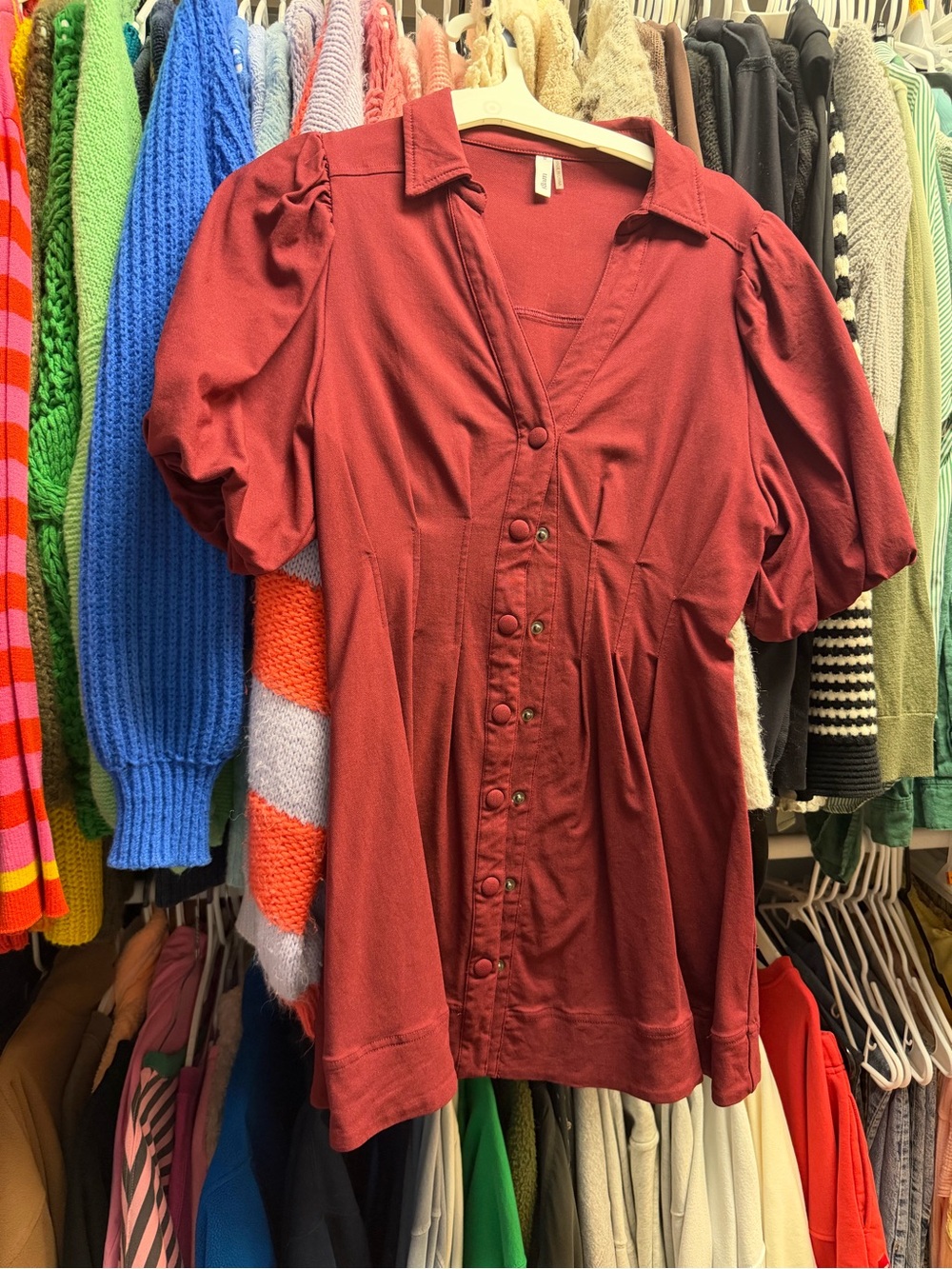 glam Rust Red Button-Front Puff Sleeve Top